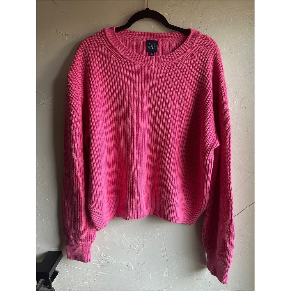 Gap Pink Chunky Rib Knit Cotton Sweater Barbiecore Preppy XL Boxy Relaxed Fit